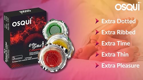 Image of OSQUI Extra Dotted Extra Time Condoms for men Extra Ribbed For Long Lasting Climax Dealy Condom Pack of 3(Red,green,yellow)
