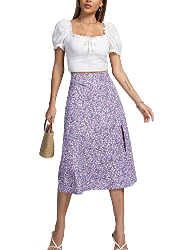 Image of LYANER Women's Casual Boho Printed High Waist Side Split Hem Zipper Midi Skirt