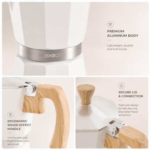 Image of AXEON Classic Moka Pot Espresso Coffee Maker - 240ml | Italian Style Mocha & Gas Stovetop Compatible | Food-Grade Aluminum with Cool Touch Handle | Brews 6 Cups, (Classic White Finish)