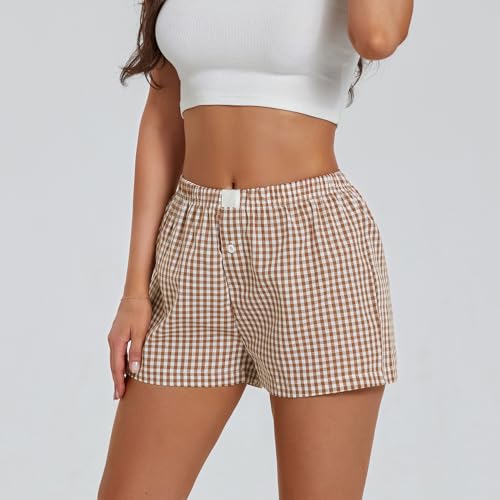 Image of Women Y2k Gingham Boxer Shorts Plaid Striped Cute Mini Bloomers Elastic Waist Loose Fit Summer Shorts