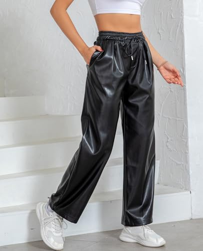 RAMISU Women's Faux Leather Pants High Waisted Straight Leg Trousers Elastic Drawstring Wide Leg PU Pants with Pockets3