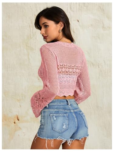 Image of OYOANGLE Women's Crochet Tie Front Sweater Cardigans Bell Sleeve Knitted Cropped Bolero Shrug Cardigan