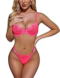Avidlove Women Lace Lingerie Set Floral Push Up Underwire Bra and Panty Sets Neon Pink