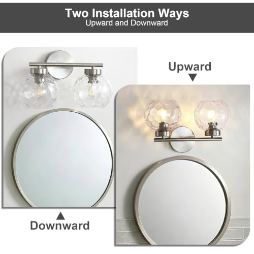 Image of Brushed Nickel 2-Light Bathroom Vanity Light Fixture Over Mirror, Hardwired