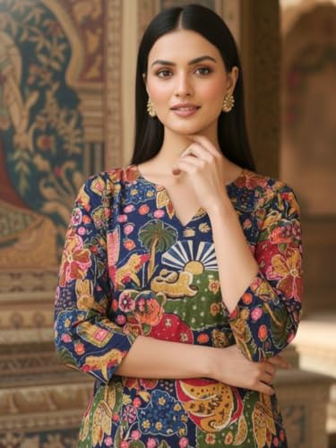 Image of Bee M Pee Designer Trendy Floral Printed Poly Rayon Cotton Kurta Coord Sets for Women | Stylish Casual Kurti Tunic Cord Set with Pant for Woman for Office