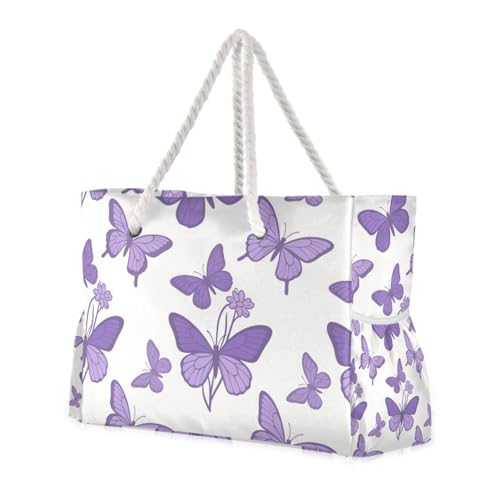 OTVEE Purple Butterflies Pattern Beach Bags for Women Ladies Large Canvas Tote Shoulder Bag Waterproof Travel Bags for Gym Swim Pool Camping