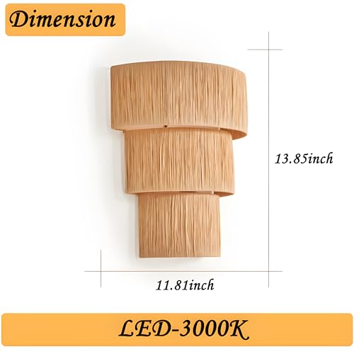 Image of Bofea-Boho Wall Llight with Hand Woven Hemp Rope Shade,Plug in Wall Sconce | Hand Woven Wall Hanging Lamps,Rustic Three Layers Wall Lamps Light Fixture Indoor for Bedroom Stairway