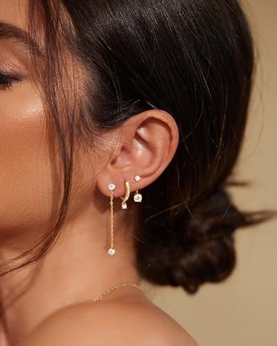 Image of Freekiss 3 Pairs Gold Hoop Earrings Set: Dainty Stud Earrings Trendy Small 14K Gold Plated Hypoallergenic Dangle Cartilage Huggie Hoop Earrings for Women Gold Jewelry for Women Gifts