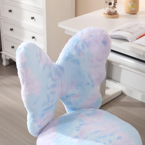 Image of Kmax Adjustable Kids Butterfly Chair - Plush Faux Fur Swivel Office Desk Chair with Wheels, Ergonomic Children's Study Seat for Bedroom, Reading Room, Playroom - Dreamy Blue Design