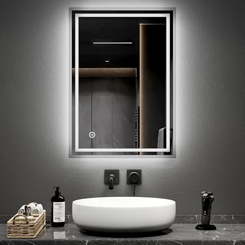 EMKE Illuminated Bathroom Mirror with Shaver Socket 50 x 70 cm Wall Mounted Bathroom Mirror with Lights and Shaver Socket Anti-fog/Dimmable/Touch Switch Hardwired IP44