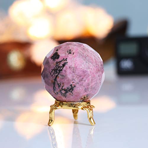 Crocon Rhodonite Diamond Cut Stone Sphere with Metal Stand Gemstone Sphere Healing Ball Sculpture Figurine for Fengshui Divination Home Decoration Size: 55-60mm