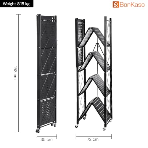 Image of BonKaso Foldable 5-Tier Kitchen Storage Rack | Heavy-Duty Metal Trolley Stand with Wheels | Movable & Multifunctional Shelf for Home, Office & Pantry | Load Capacity Upto 110kg (72x35x158 cm) - Black