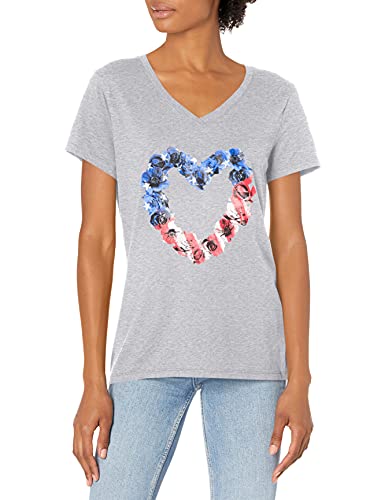 Hanes Women’s Short Sleeve Graphic V-neck Tee (multiple graphics available), stars stripes floral heart light steel, Medium
