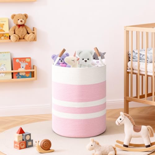 Image of Large Laundry Basket, Laundry Hamper with Leather Handles, 60L Woven Dirty Clothes Hamper, Rope Hampers for Bedroom, Barthroom, Pink