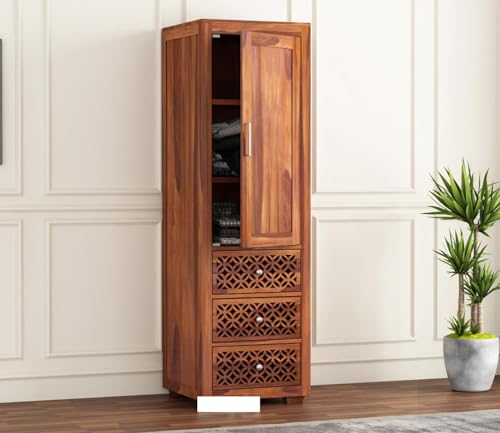 Image of Sheesham Wood Wooden Single Door Wardrobe Organizer for Clothes | - Solid Wood Almirah with 3 Drawers, 3 Shelves - Cupboard for Large Bedroom, Natural Finish