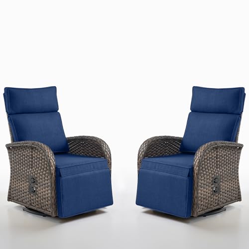 Belord Swivel Outdoor Recliner Chair Set of 2 - Reclining Patio Chair with Adjustable Backrest and Footrest, All-Weather Wicker Chaise Lounge Chair Outdoor for Pool Deck Brown (Upgraded 2.0)