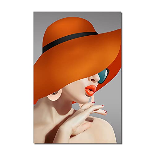 Affiche toile mode femme chapeau orange | Décoration salon moderne 30x45cm