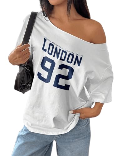 Image of SXV Oversized Off-Shoulder Loose London 92 Print Oblique Shoulder T-Shirt Graphic Tees
