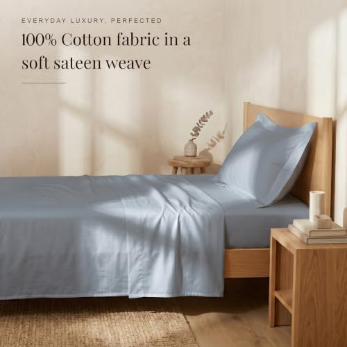 Image of HUESLAND Premium 300 TC Pure Cotton Sateen Weave Single Bed Bedsheet with 2 Pillow Covers Included | Greyish Blue | 88 x 55 inches