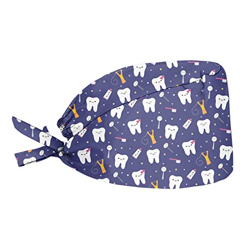 Upetstory Dental Hats for Women Girls Working Cleaning Cap with Adjustable Tie Sweatband Dentist Cute Tooth Toothpaste Print Working Caps Purple