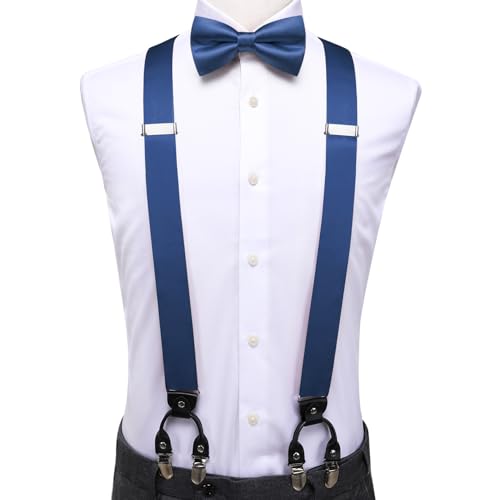 Image of Hi-Tie Men Suspender Bowtie Set Suspenders Pre-tied Bow Tie Pocket Square Cufflinks Adjustable Y Shape 6 Clips Braces Tuxedo