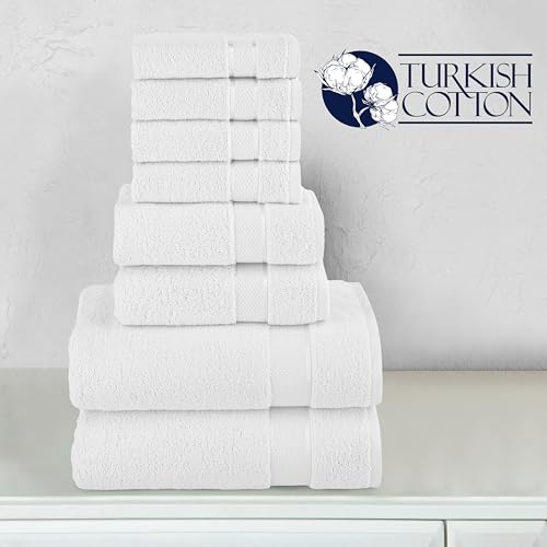 Image of Elegant Comfort Premium Cotton 8-Piece Towel Set, Includes 4 Washcloths, 2 Hand Towels and 2 Bath Towels, 100% Turkish Cotton - Highly Absorbent and Super Soft Towels for Bathroom, White
