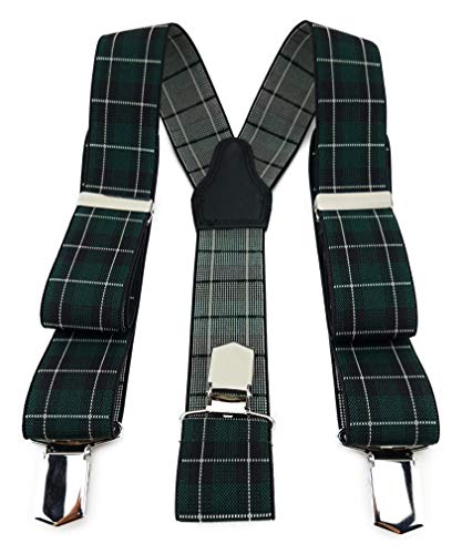 TigerTie Bretelle unisex a Y con 3 clip, molto robuste, a quadretti colorati, prodotto di alta qualità, da 35 mm di larghezza, verde, crema, nero, Taglia unica