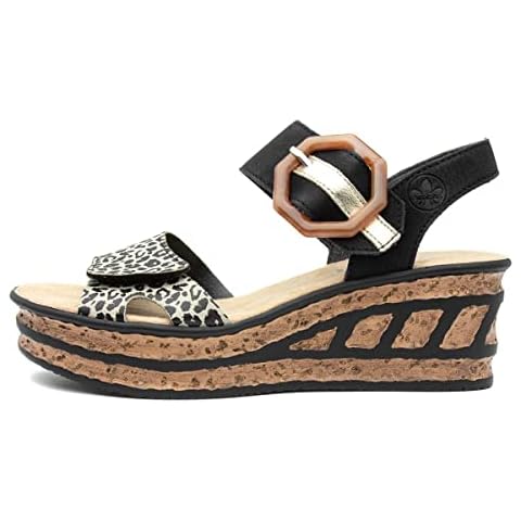 Rieker Women's Black Leopard Print Wedge Sandal Cover