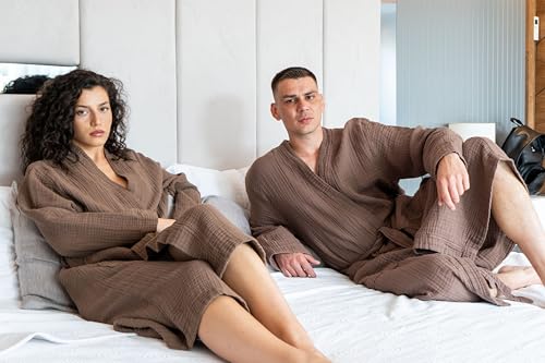 Image of Muslin Unisex Bathrobe Women & Men, 100% Cotton Kimono Lightweight Robe | Long Robes Soft, Absorbent, Spa robes