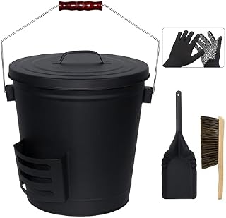 BRIAN & DANY Ash Bucket with Lid, 20L Ash Buckets with Shovel and Hand Broom for Log Burner, Wood Burning Stove, Fireplace