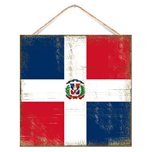 Drapeau République Dominicaine en bois mural : déco rustique marine 30x30 cm