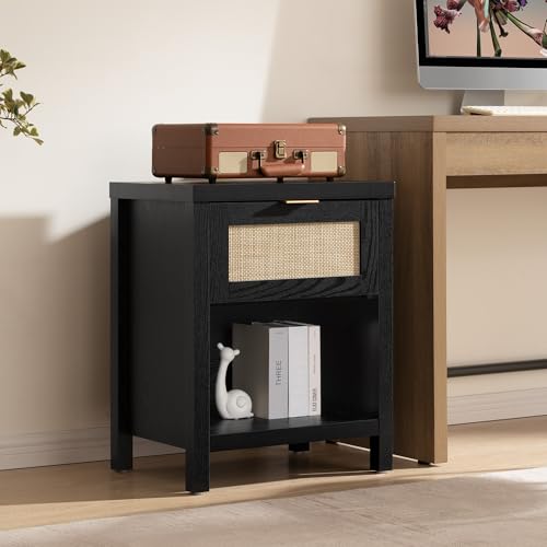 Image of SICOTAS Black Rattan Nightstands Set of 2 with Drawer 19.7 inch Wide