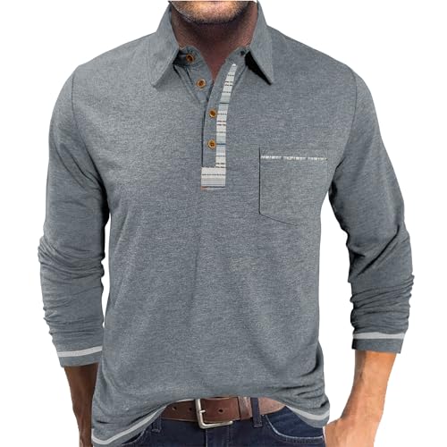Image of PRIVIMIX Mens Polo Shirts Long Sleeve Basic Golf Rugby Shirt with Pocket Casual Polos T-Shirts Work Tops with Plaid Collar Grey XL