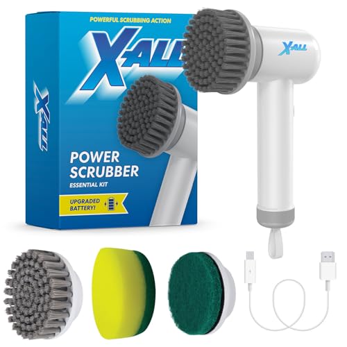 Electric Spin Power Scrubber - Rechargeable Lightweight Waterproof Cordless 2-Speed Control Cleaning Tool with 2 Spin Brush Heads - White