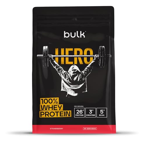 Bulk Hero Whey Proteinpulver | Erdbeere | 65 Portionen | 26g Protein + 3g Kreatin | 5g BCAAs | Zuckerarm | Schnelle Aufnahme | Isolat, Hydrolysat & Konzentrat