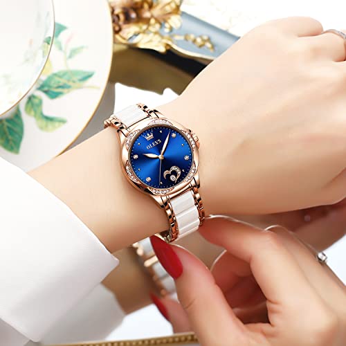 Olevs Women Automatic Mechanical Watches Blue Rose Gold Ceramic Band Diamond Case Blue Face Waterproof Luminous Ladies Wrist Watches #TOP3