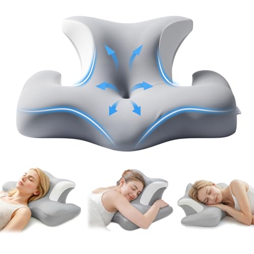 COSYLAND Almohada Cervicales y Cuello - Ergonómica para Dormir de Lado, Boca Arriba o Abajo, Espuma Viscoelástica, Diseño con Espacio para Orejas y Brazos, Funda Transpirable, 64×48×24 cm, Gris