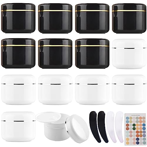 Zeuwets 14 Piezas Tarro de crema vacío, 50ml Tarros de Plástico para crema de plástico rellenar mini latas con tapa Cosméticos Envase con 4 Espátula y Etiqueta para cosméticos(Blanco/Ferroso)