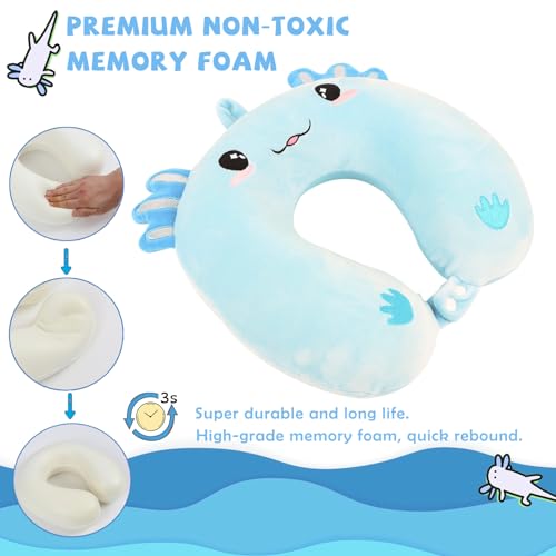 Image of Travel Pillow, Kids Travel Pillow with Sleep Eye Mask Soft Memory Foam Kids Neck Pillow for Boys & Girls, Travel Accessories for Car Airplane Traveling - Blue Axolotl