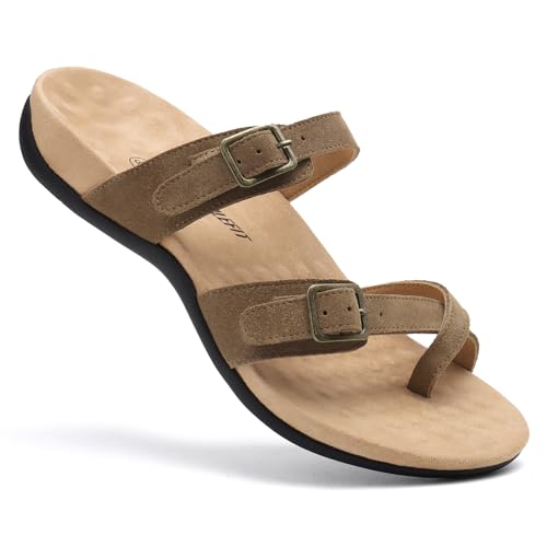 Image of Athlefit Women's Orthopedic Sandal with Arch Support | Adjustable Slip On Open Toe Flat Thong Flip Flops,Plantar Fasciitis Comfy Cushioned Footbed,Dressy Casual Walking Summer