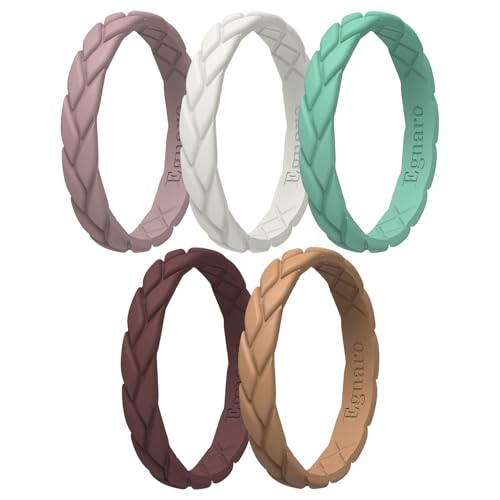 Egnaro Women's Silicone Stackable Rings 3.5mm Wide 2mm Thick, Rubber Flexible Hypoallergenic Wedding Bands For Workout Leaf Braided Fashion