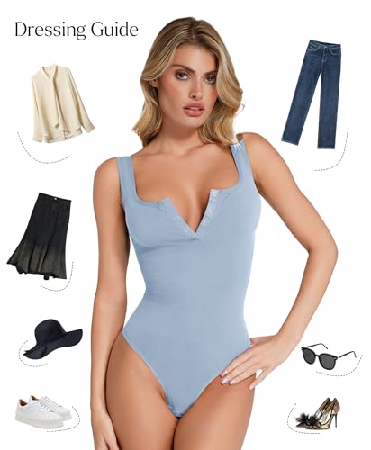 Image of Popilush Bodysuits for Women Tummy Control Body Suits Thong Summer Outfits | Corset Tops Shapewear Henley Shirts Tank Top for Country Concert Going Out Date Night, Comfort All Day