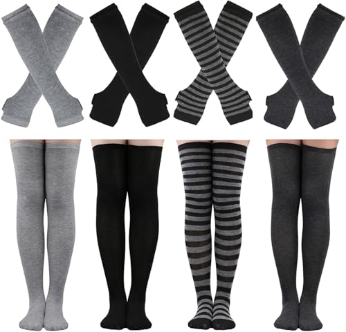 Elfcool 2/4 Sets Womens Long Striped Knee High Socks Knit Fingerless Arm Warmers for Halloween Christmas