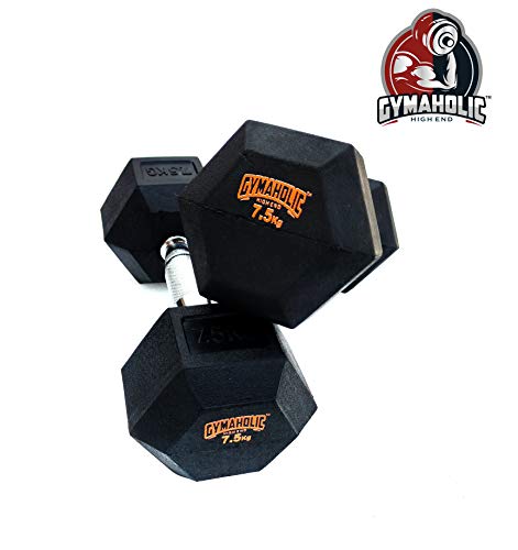 Image of Gymaholic Hexa Rubber Dumbbell with Metal Handles (Black, Single & Pair, Dumbbells in Weights 7.5 kg Pair)