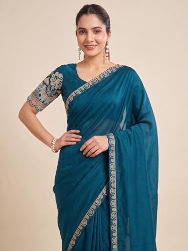 Image of Women's Saree with Heavy Embroidered Blouse & Border, Designer saree for Women
