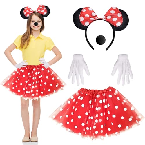 Dwafill Disfraz Mouse Mujer, 4-Pack Disfraz Mouse Niña Con Diadema de Orejas Ratón, Nariz Ratón, Falda Tul Roja, Guantes Blancos, Adecuado Adultos, Niños, Disfraces Mujer Carnaval (Rojo, Niños)