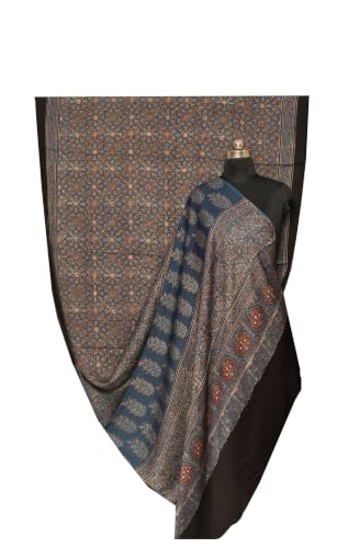 Image of Ethnics of Kutch Womenss Ajrakh Modal Silk Natural Dye Hand Block Print Saree with Blouse Piece - 5.5 Mtr Length