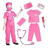 Wbesty Kids Scrubs for Girls Kids Doctor Costume 7pcs Play Kits with Costume and Accessories for Halloween Parties, Pink 3-5Y
