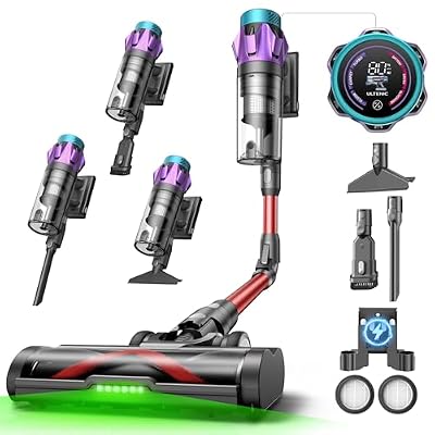 Ultenic Cordless Vacuum Cleaner, 55KPA/650W/80Mins, Cordless Stick Vacuum with 180°Bendable Wand, Touch Screen, Anti-Tangle Brush, Self-Standing, Vacuum Cleaners for Home/Floor/Pet Hair/Carpets