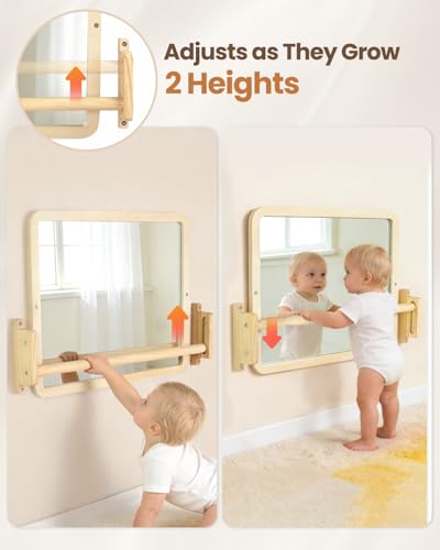 Brezlio Montessori Mirror with Bar – Adjustable Baby Pull Up Bar, Anti-Rotation Design & Acrylic Safety Baby Mirror for Wall – Tummy Time, Pull to Stand Toys for Infant Toddler Nursery - image 3